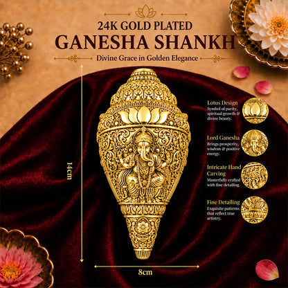 24K Gold-Plated Ganesha Shankh | Premium Gift Box | 14x8 CM