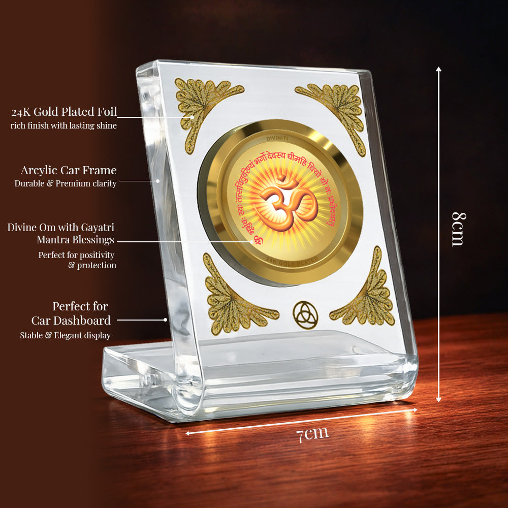 Diviniti 24K Gold Plated Om with Gayatri Mantra Acrylic Car Dashboard Frame | Spiritual Energy, Wisdom & Divine Blessings for Car, Home, Tabletop & Puja Room | Peace & Positivity (ACF1CH)