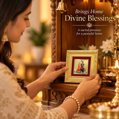 24K Gold-Plated Radha Krishna with Cow Frame | Premium Gift Box | 10x10 CM