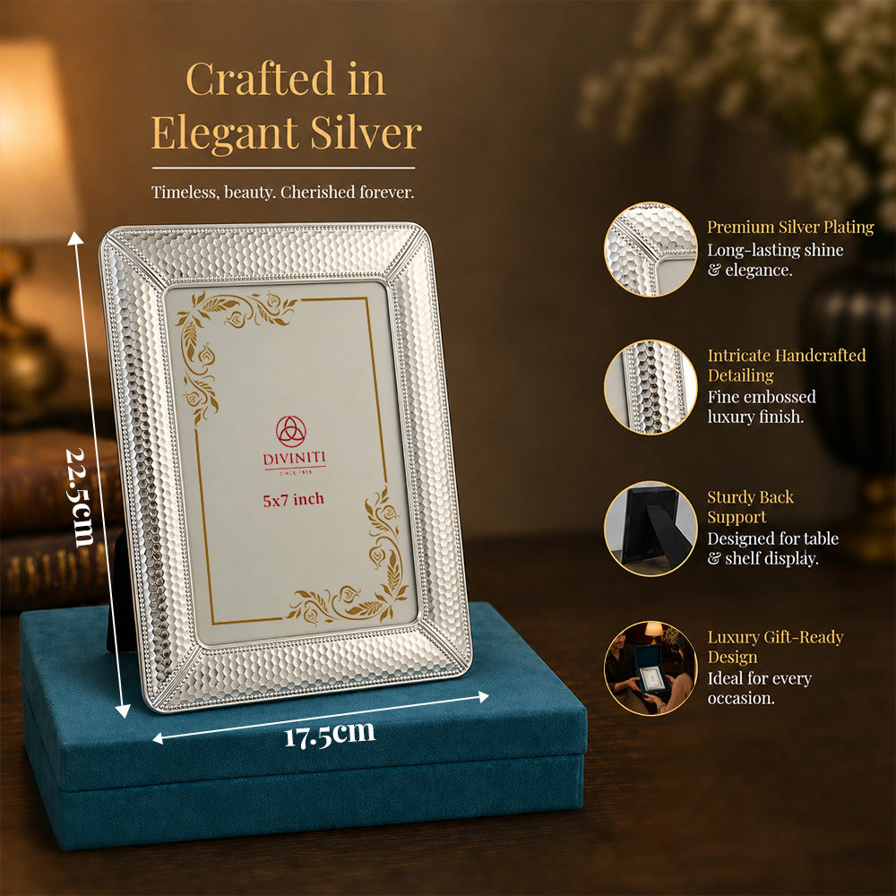 Diviniti Silver-Plated Textured Photo Frame | Elegant Tabletop Picture Frame for Home & Office Décor | 13 x 18 cm