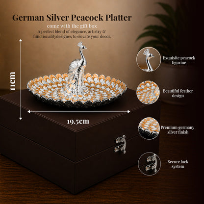 Diviniti Amber Peacock German Silver Platter with Gift Box showcasing exquisite peacock figurine and premium silver finish.