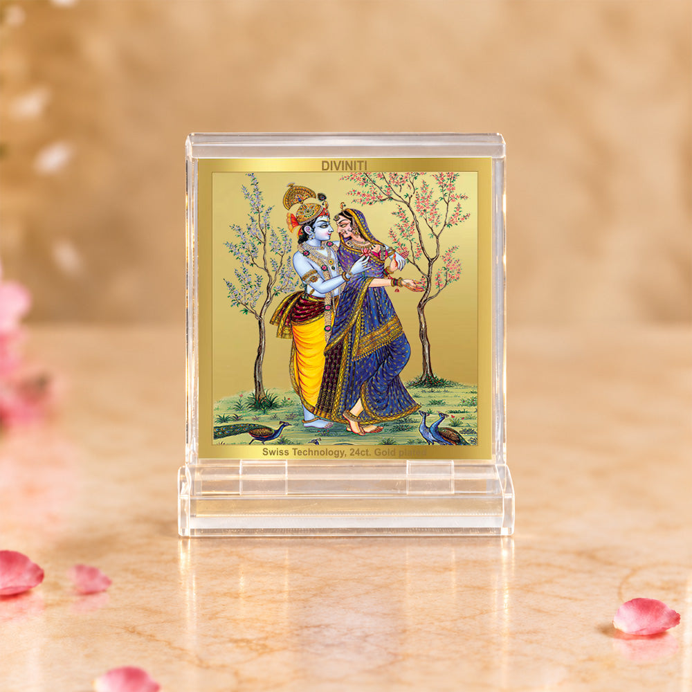 24K Gold-Plated Radha Krishna with Peacock Acrylic Car Dashboard Frame | 6x5 CM