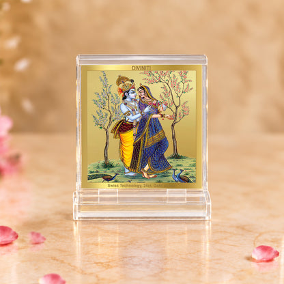 24K Gold-Plated Radha Krishna with Peacock Acrylic Car Dashboard Frame | 6x5 CM