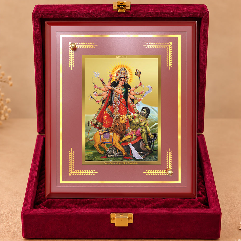 24K Gold-Plated Durga Mahishasur Mardini MDF Frame | Premium Gift Box | 26x20 CM