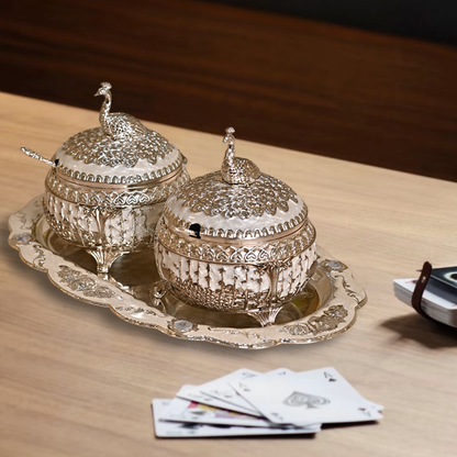 Diviniti Vintage Silver Plated Dry Fruit Peacock Container Box Set Sugar Bowl with Serving Tray Traditional Parties for Luxury Home Decor, Tabletop & Gift