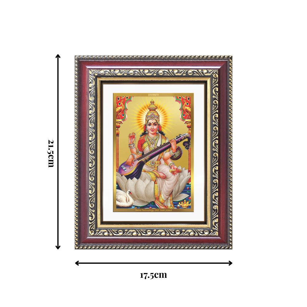 Diviniti 24K Gold Plated Saraswati Mata (Classic) Divine Wall and Table Top Frame for Home Mandir & Office Decor | Luxury Spiritual Gift