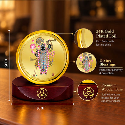 24K Gold-Plated Lord Shrinath Ji Car Dashboard Frame | 5x5 CM