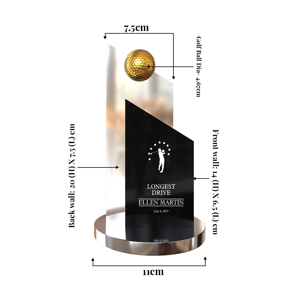 Personalized Longest Drive Golf Trophy Premium Crystal Award with Golden Ball and Engraved Personalization