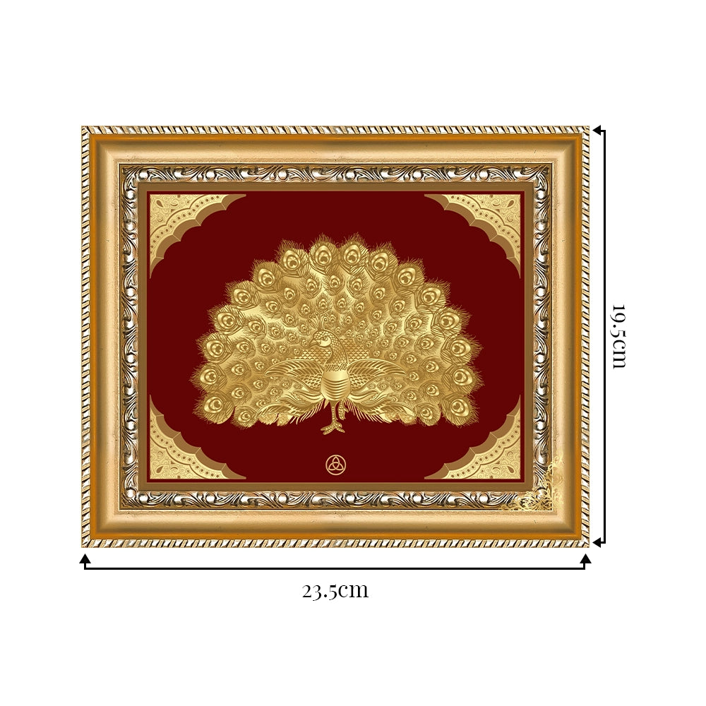 Peacock Gold on Gold Wall Hanging Frame in 24K Foil showing dimensions