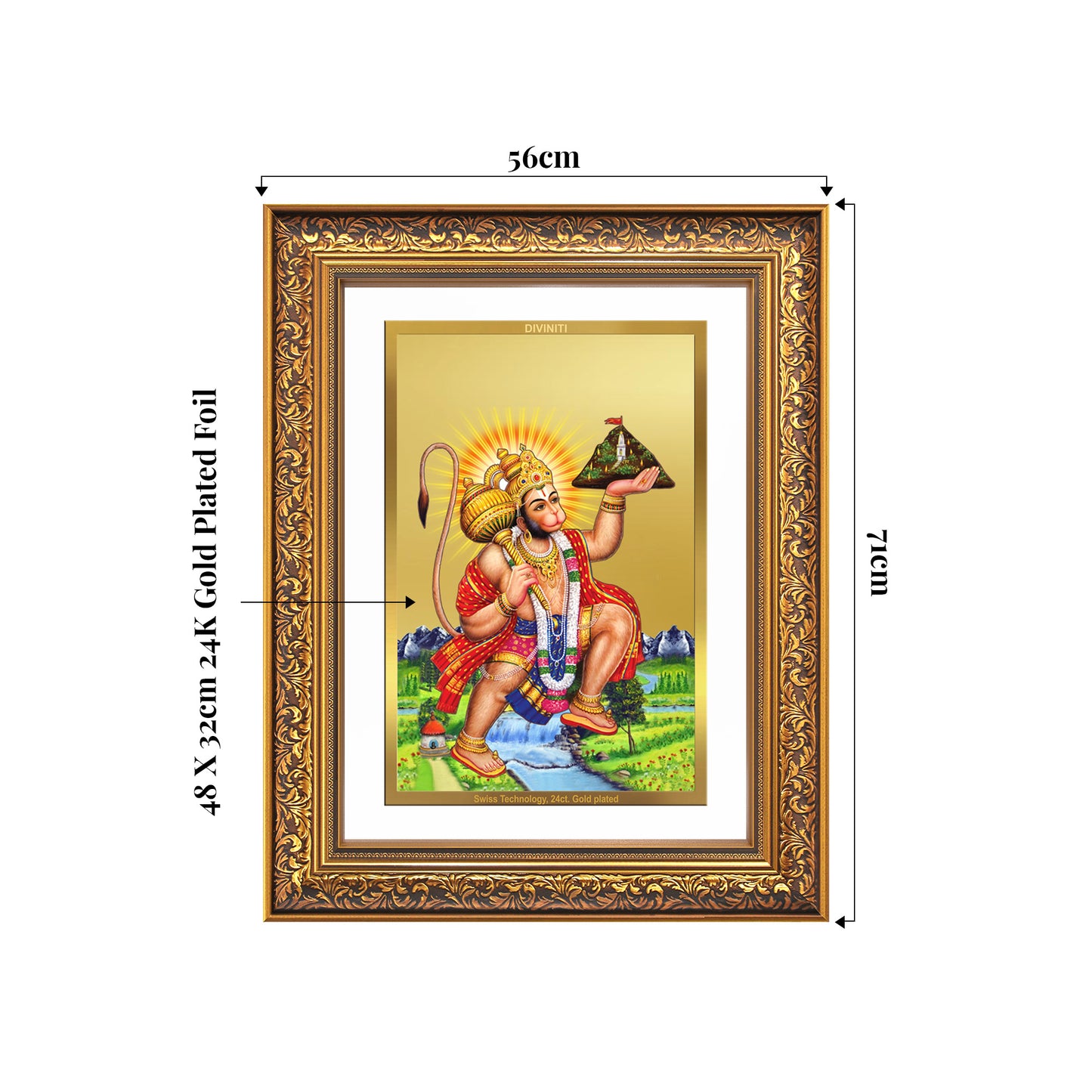 Hanuman Carrying Sanjeevani Mountain | Lord Hanuman Wall Mount Photo Frame in 24K Gold Plated Foil