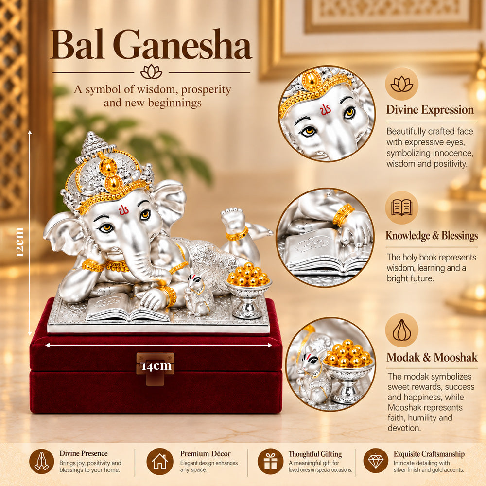 999 Silver-Plated Dual-Tone Bal Ganesha Idol | Premium Gift Box | 12x14 CM