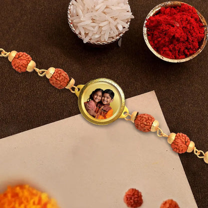 Personalized Rudraksha Rakhi with 22MM 24K Gold Plated Foil Divine Raksha Bandhan Gift