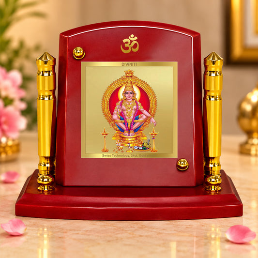 24K Gold-Plated Lord Ayyappan MDF Car Dashboard Frame | 7.5x9 CM