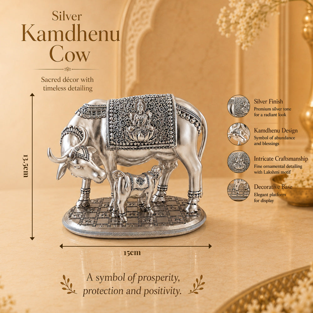 Diviniti 999 Silver Plated Kamdhenu Cow Idol with Gift Box | Antique Décor