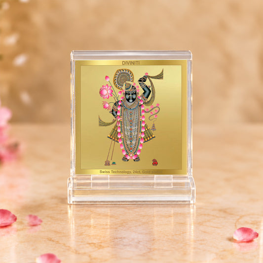 24K Gold-Plated Lord Shrinath Ji Acrylic Car Dashboard Frame | 6x5 CM