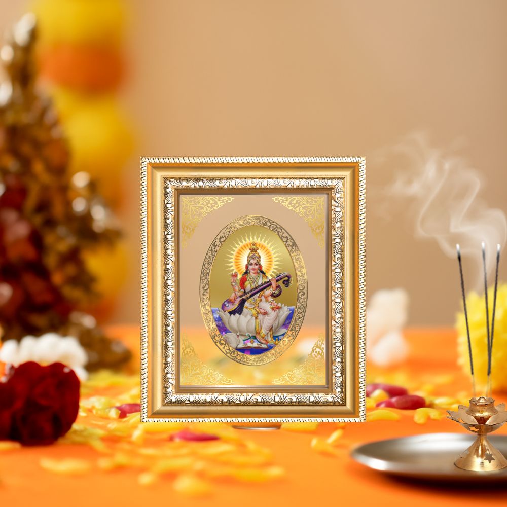 Goddess Saraswati Mata Divine Knowledge & Wisdom Sacred Royal Tabletop Frame in 24K Gold Plated Foil