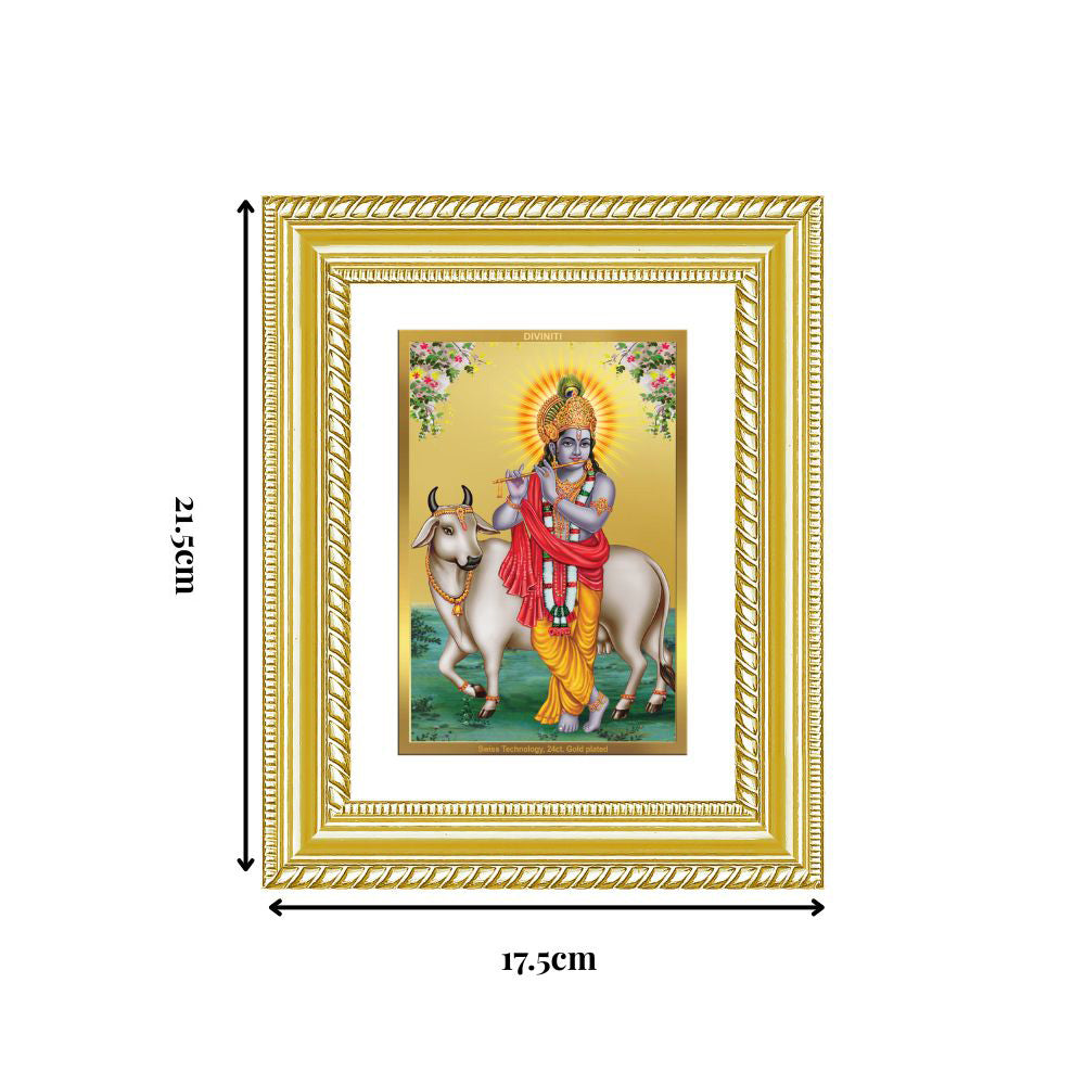 Diviniti 24K Gold Plated Krishna With Surbhi Cow (Classic) Divine Wall and Table Top Frame for Home Mandir & Office Decor | Luxury Spiritual Gift