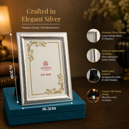 Diviniti Silver-Plated Decorative Photo Frame | Premium Textured Tabletop Frame | 13 x 18 cm