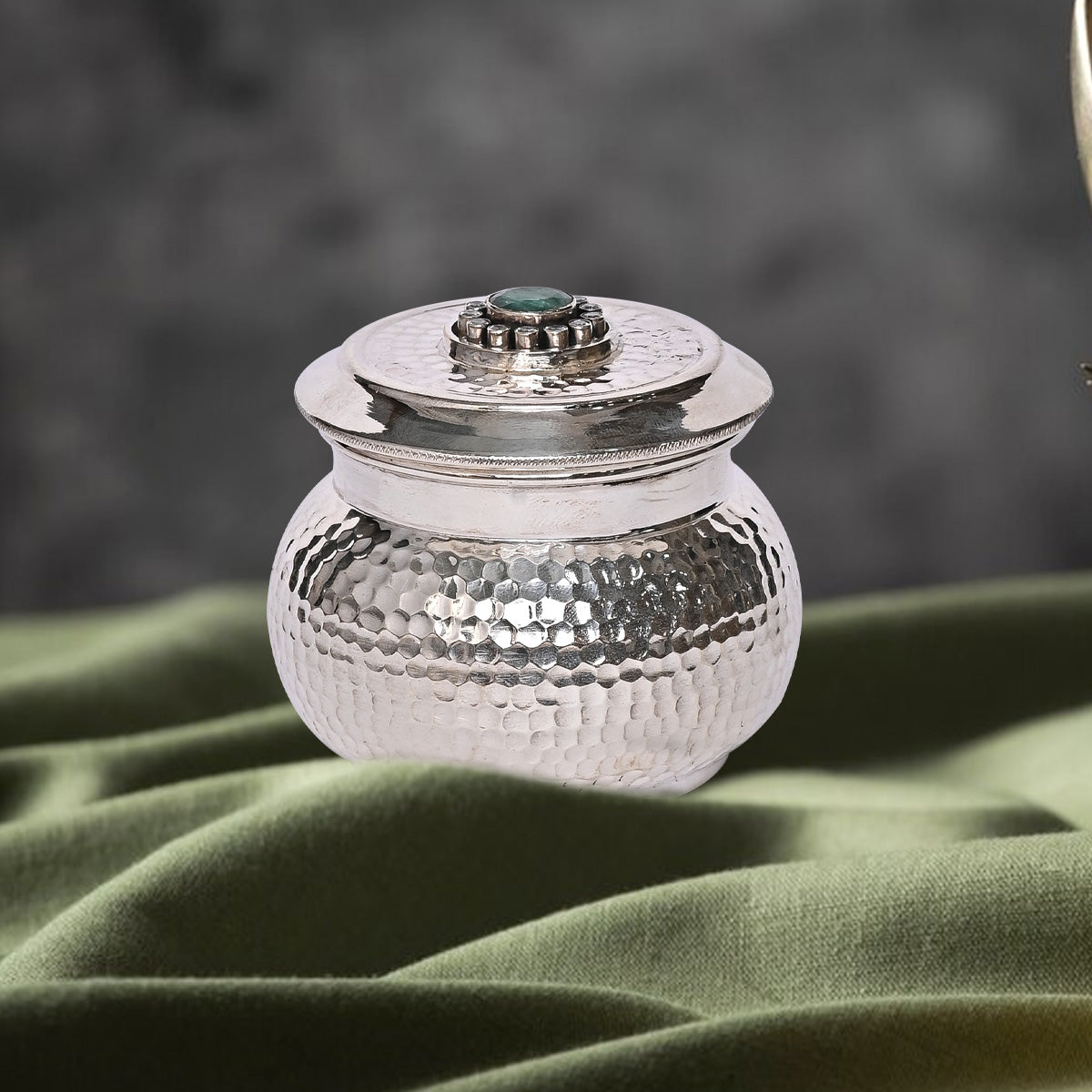 Pure Silver Serenity Box Green Eye Studded Handcrafted Storage Container (8x6x7 cm, 152g)
