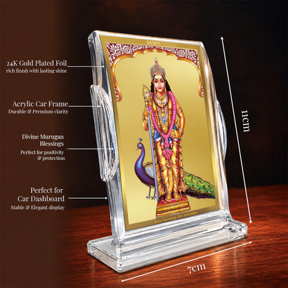24K Gold-Plated Lord Murugan Acrylic Car Dashboard Frame | 11x7 CM
