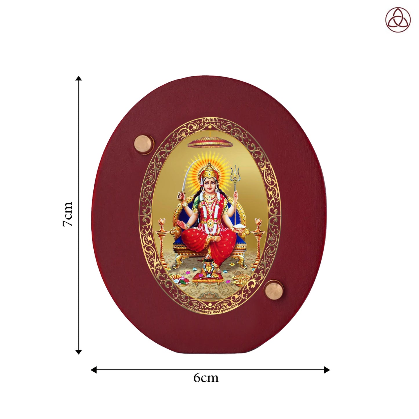 Santoshi Mata Car Dashboard & Tabletop Photo Frame, 24K gold-plated, 7x6 cm, intricate design.