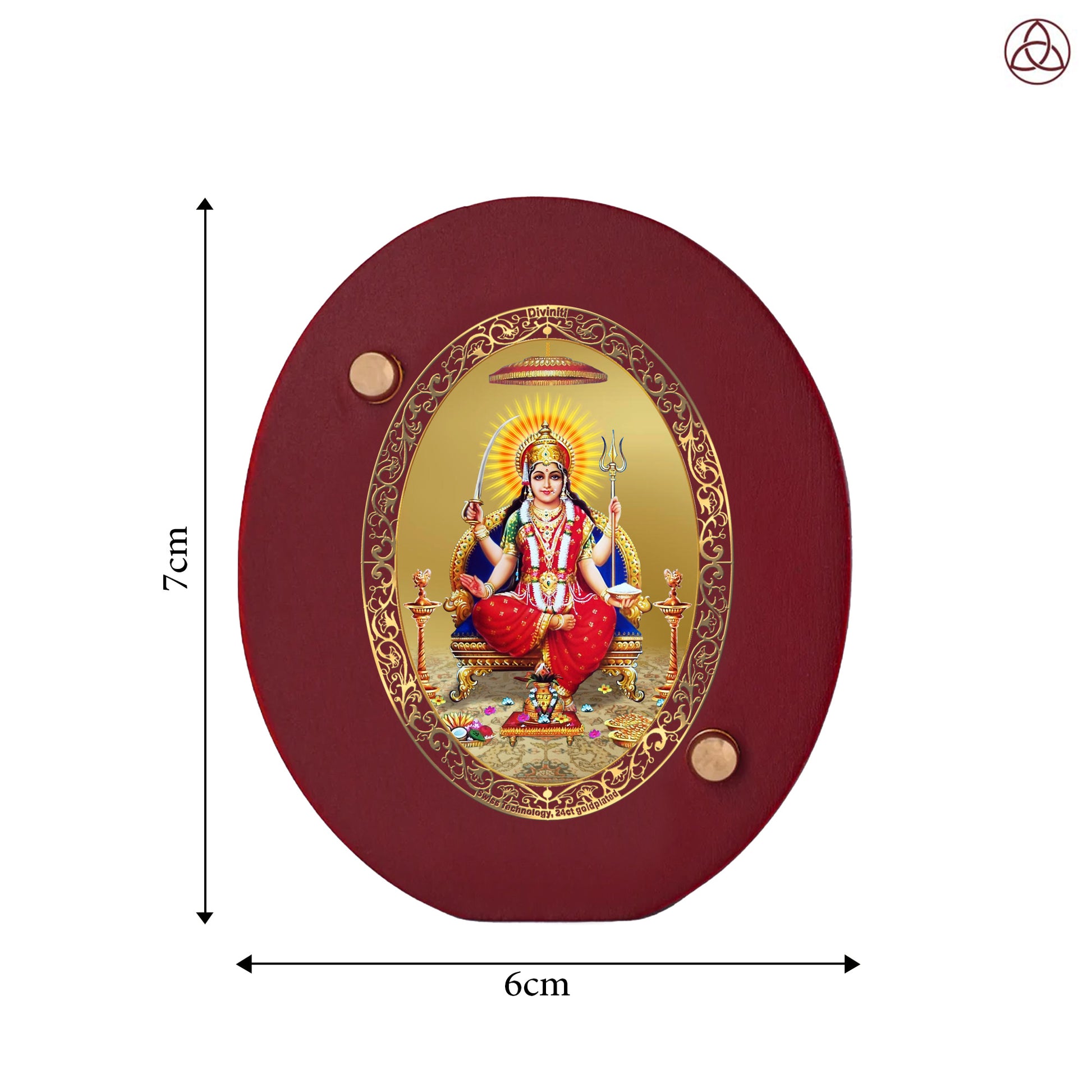 Santoshi Mata Car Dashboard & Tabletop Photo Frame, 24K gold-plated, 7x6 cm, intricate design.