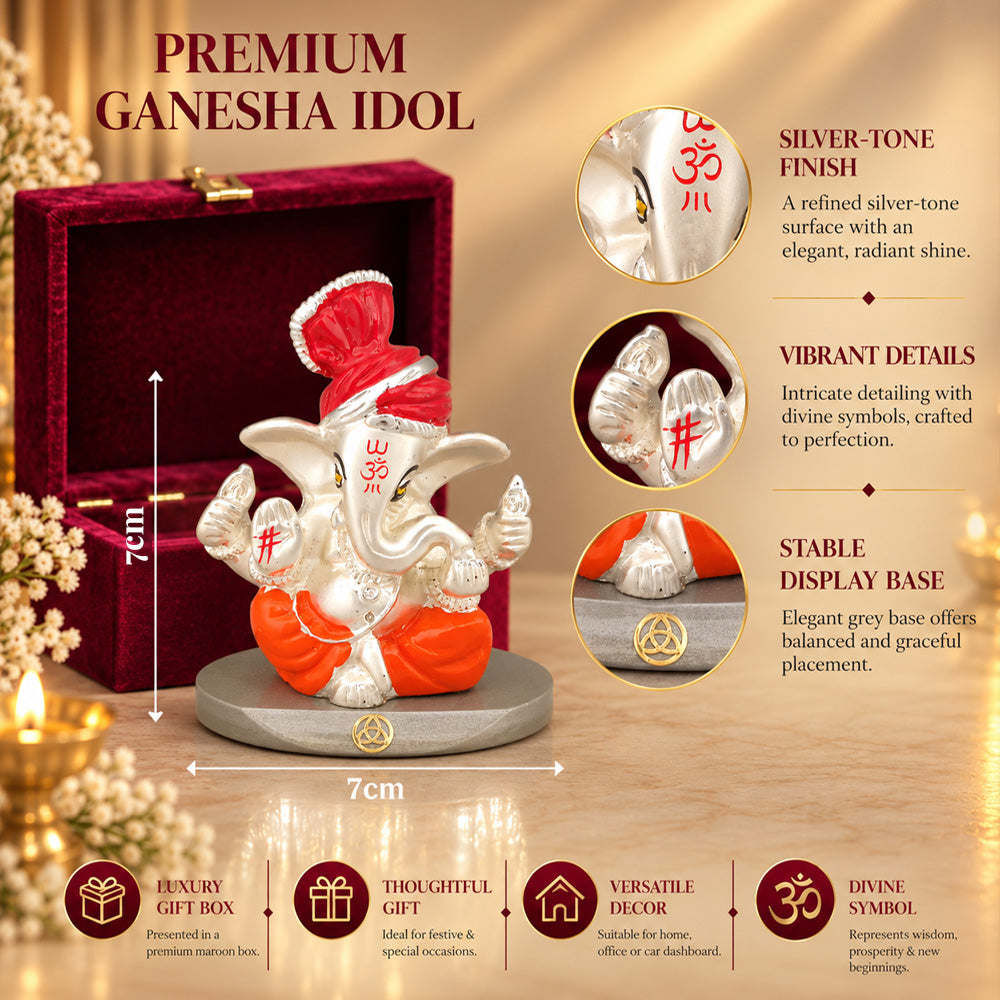 DIVINITI 999 Silver-Plated Ganesha Idol | Car & Home Décor | Gift Box | 7x7 CM