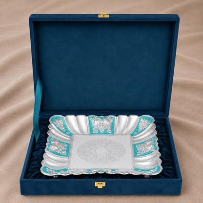 Diviniti Turquoise German Silver Decorative Platter with Luxury Gift Box displayed elegantly.