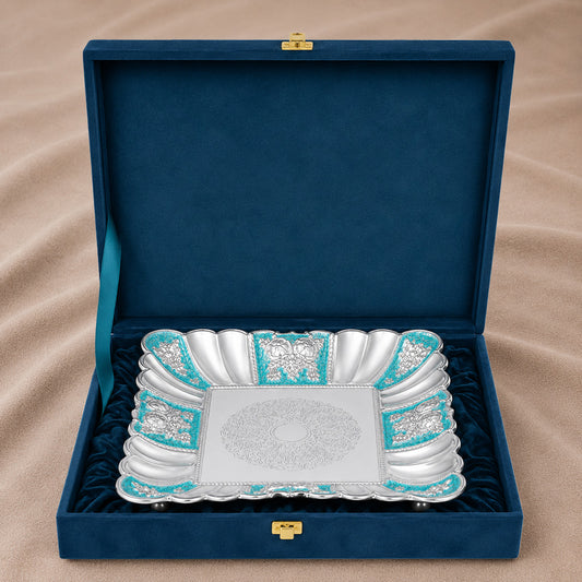 Diviniti Turquoise German Silver Decorative Platter with Luxury Gift Box displayed elegantly.