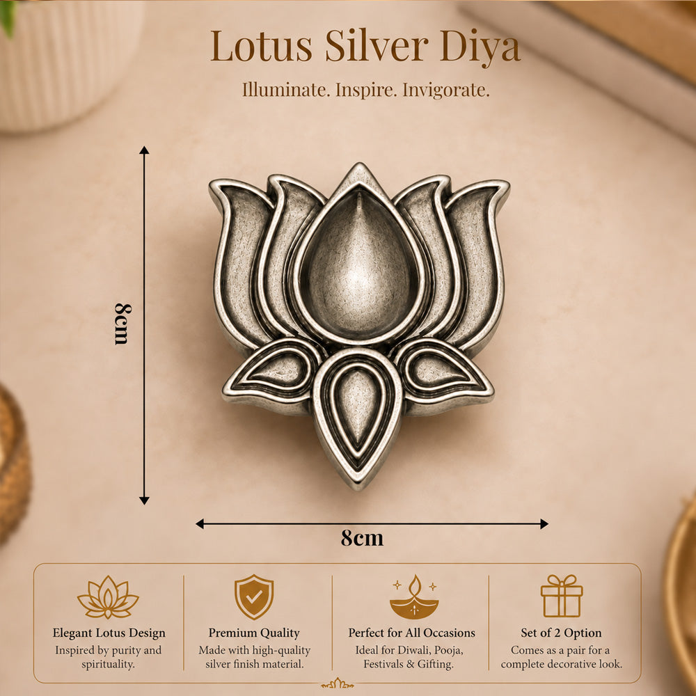999 Silver-Plated Antique Lotus Diya Pair | Premium Gift Box | 8x8 CM
