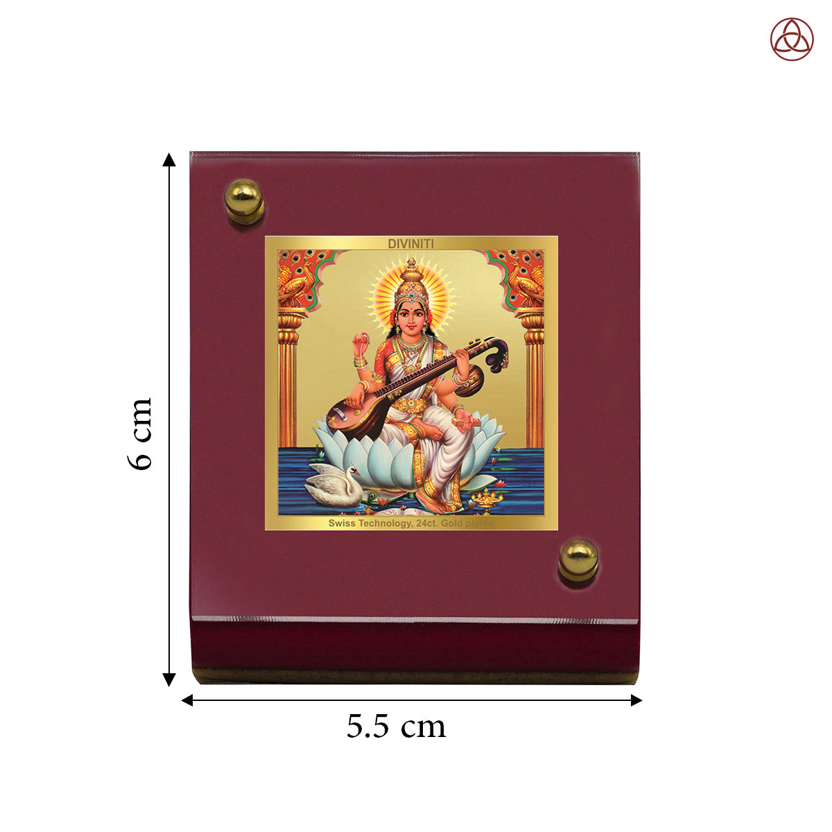 Diviniti 24K Gold Plated Goddess Saraswati Mata Frame For Car Dashboard, Home Decor, Table and Puja (6 CM x 5.5 CM)