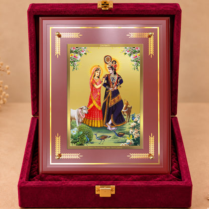 24K Gold-Plated Radha Krishna with Cow MDF Frame | Premium  Gift Box | 27x35 CM