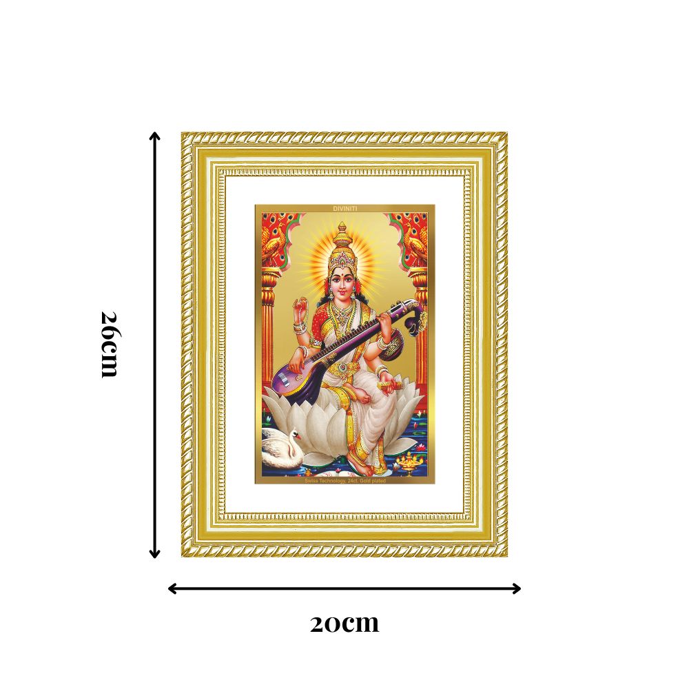 Diviniti 24K Gold Plated Saraswati Mata (Classic) Divine Wall Frame for Home Mandir & Office Decor | Luxury Spiritual Gift