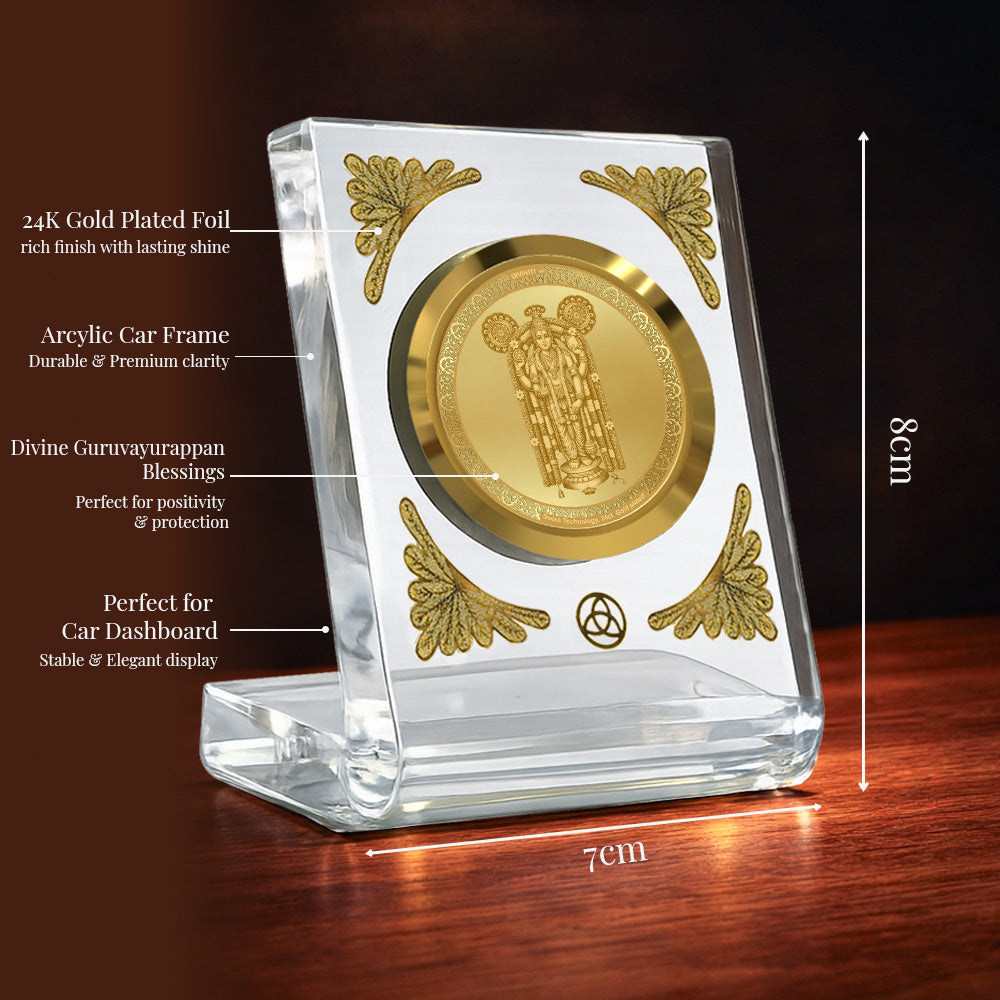 Guruvayurappan 24K gold plated car dashboard frame with crystal-clear acrylic design for elegance and spirituality.