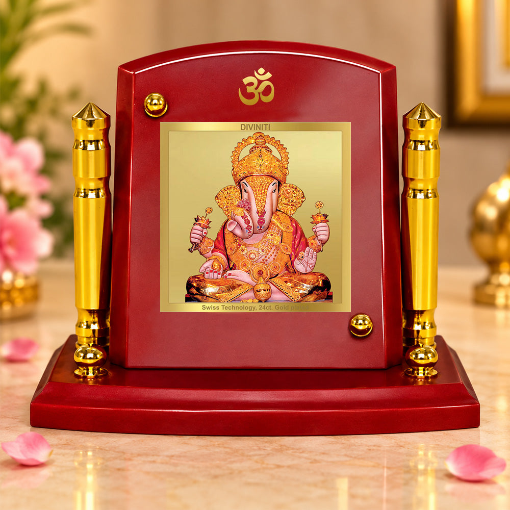 24K Gold-Plated Dagadu Ganesha MDF Car Dashboard Frame | 7.5x9 CM