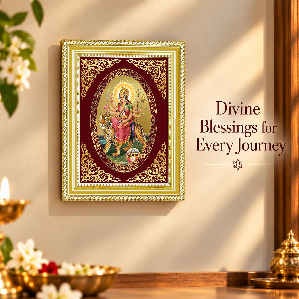 24K Gold-Plated Durga Sherawali Mata with Pindi Frame | Premium Gift Box | 26x20 CM