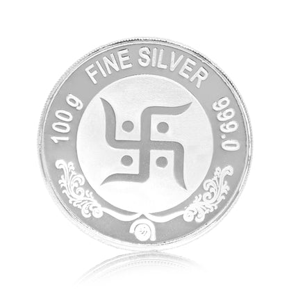 Pure Silver Coin Laxmi Ganesh & Swastik Symbol of Prosperity and Blessings for Home & Office Décor, Puja Room Diwali Gift (100g)