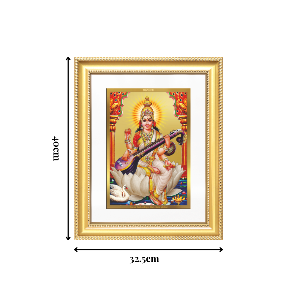 Diviniti 24K Gold Plated Saraswati Mata (Classic) Divine Wall Frame for Home Mandir & Office Decor | Luxury Spiritual Gift