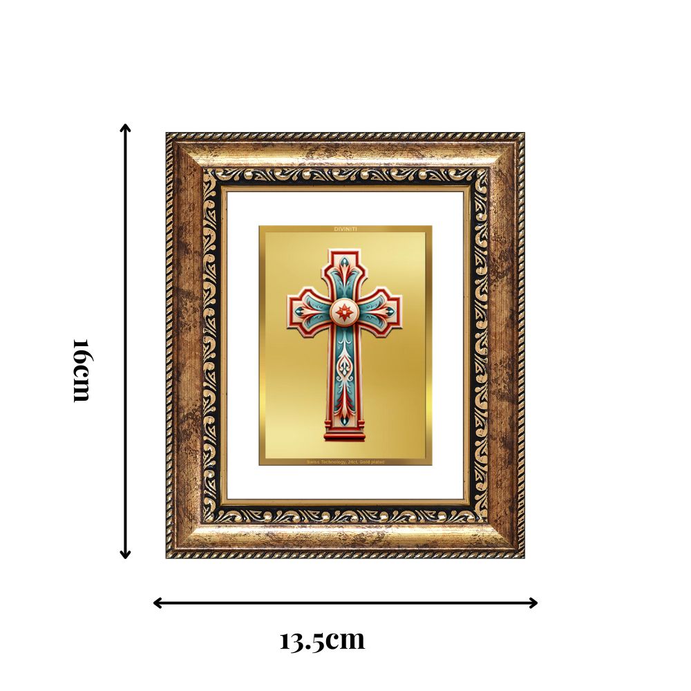 Diviniti 24K Gold Plated Holy Cross Divine Table Top Frame for Home Mandir & Office Decor | Luxury Spiritual Gift