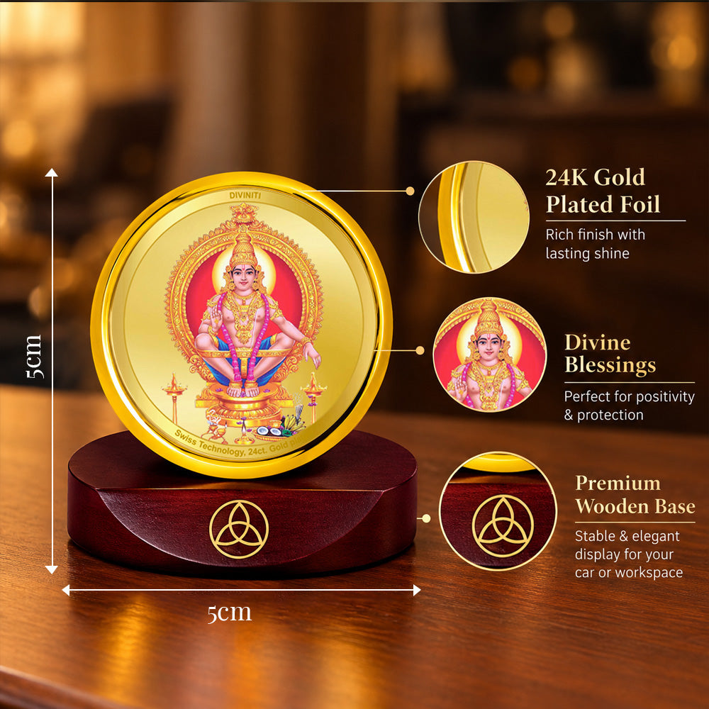 24K Gold-Plated Lord Ayyappan Car Dashboard Frame | 5x5 CM