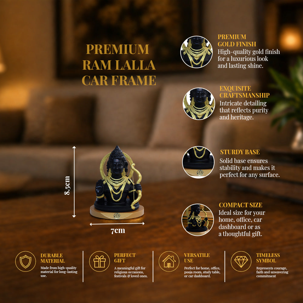24K Gold-Plated Ram Lalla Resin Idol with Bow for Car Dashboard & Home Decor | Premium Gift Box | 8.5x7 CM
