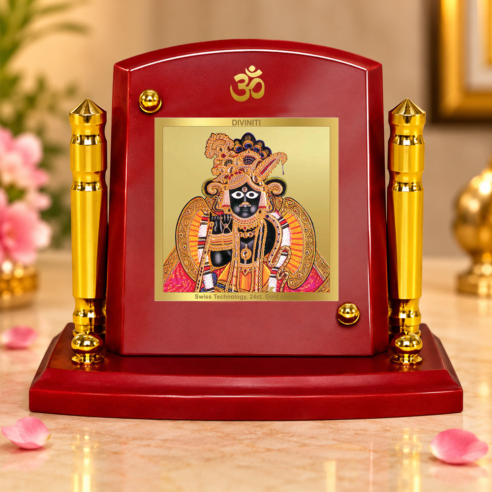24K Gold-Plated Banke Bihari Ji MDF Car Dashboard Frame | 7.5x9 CM
