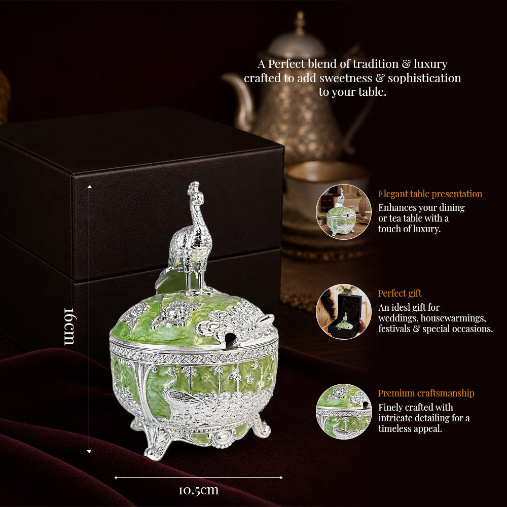 Diviniti German Silver Peacock Sugar Bowl with Spoon in green finish, elegantly presented with luxury gift box.