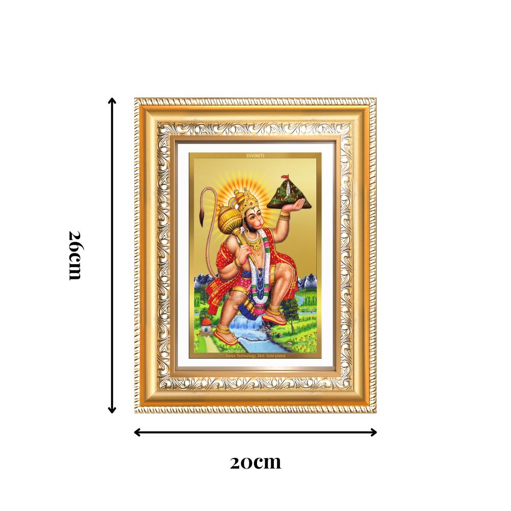 Diviniti 24K Gold Plated Hanuman With Mountain (Classic) Divine Wall Frame for Home Mandir & Office Decor | Luxury Spiritual Gift