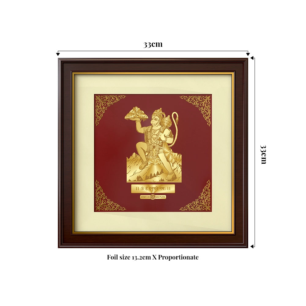 Hanuman with Mountain | Divine Strength and Devotion Gold on Gold Wall Hanging Frame in 24K Gold Plated Foil