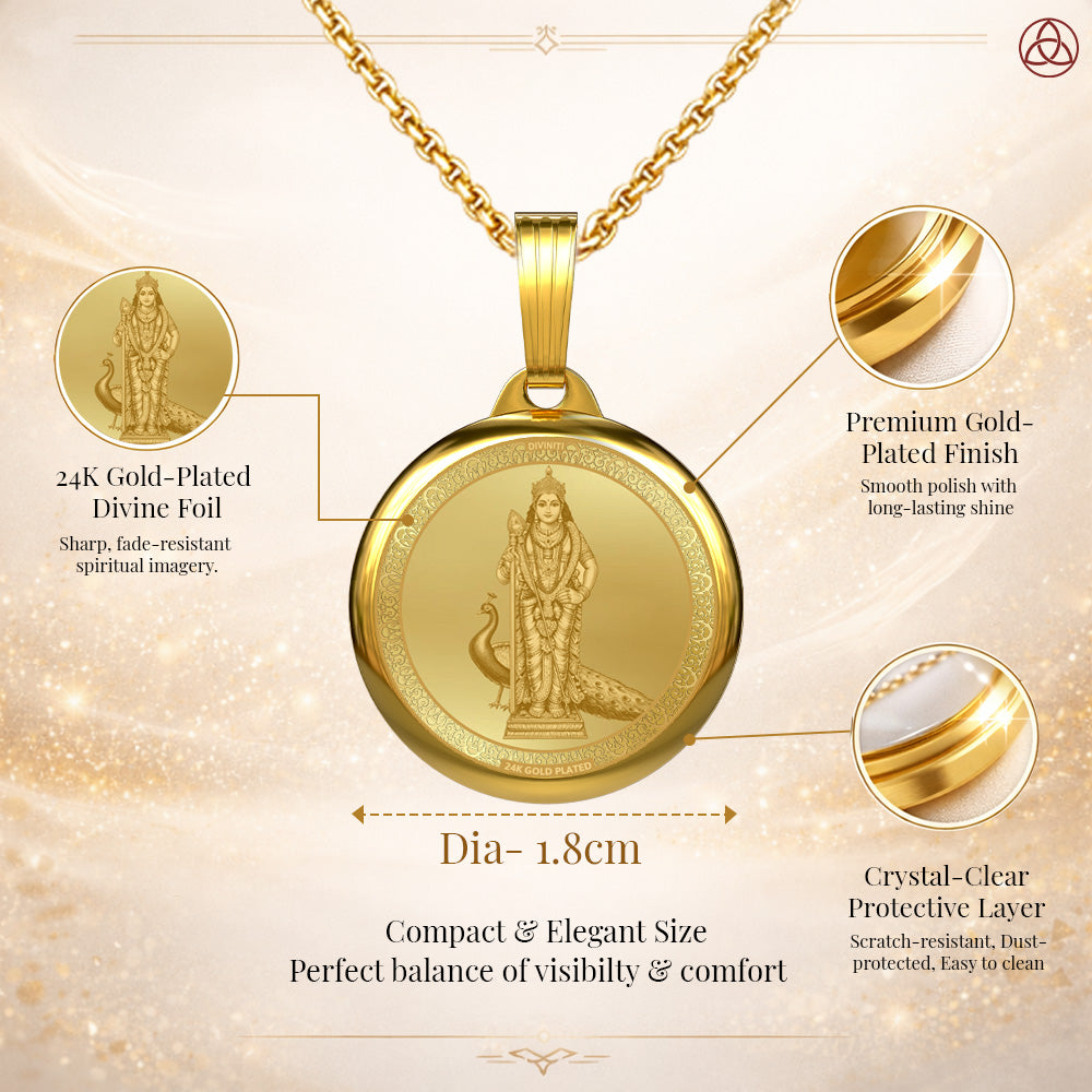 DIVINITI 24K Gold Plated Lord Murugan & Sacred Yantra Pendant – 18mm Double-Sided Spiritual Gold Pendant
