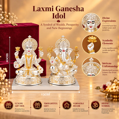 999 Silver-Plated Dual-Tone Laxmi Ganesha Idol | Premium Gift Box | 10x13 CM