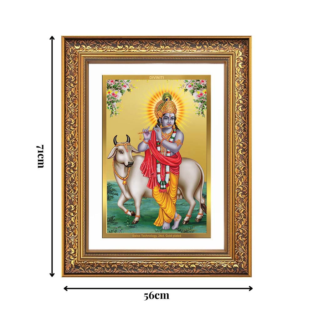 Diviniti 24K Gold Plated Krishna With Surbhi Cow (Classic) Divine Wall Frame for Home Mandir & Office Decor | Luxury Spiritual Gift