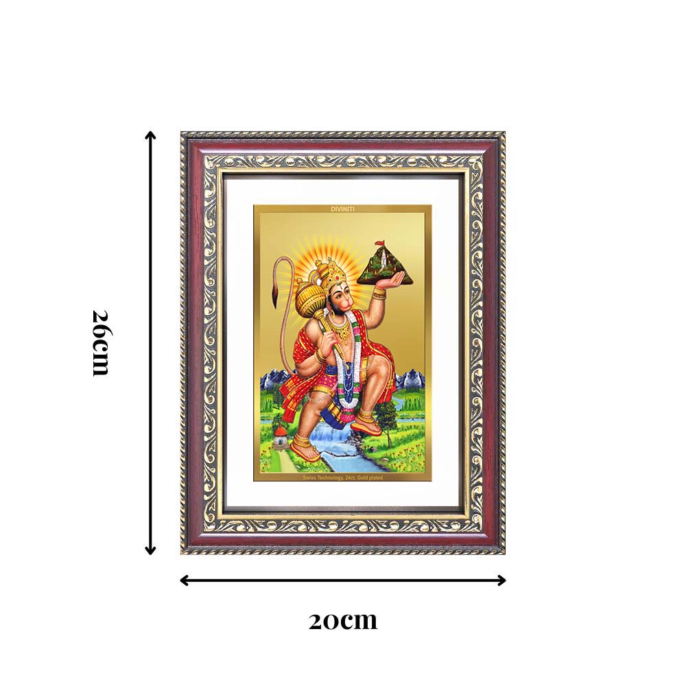 Diviniti 24K Gold Plated Hanuman With Mountain (Classic) Divine Wall Frame for Home Mandir & Office Decor | Luxury Spiritual Gift