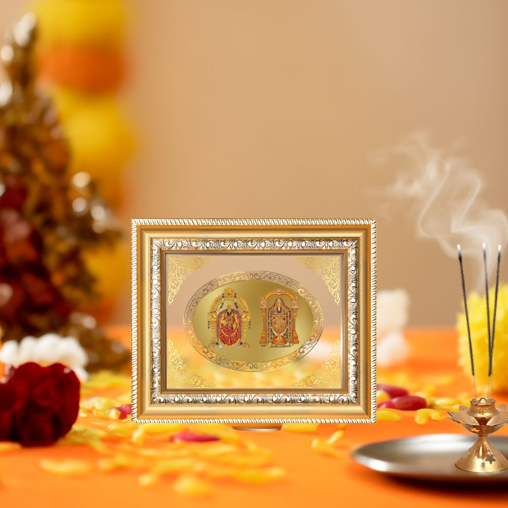 Lord Balaji & Goddess Padmavati Divine Tirupati Sacred Blessings Royal Tabletop Frame in 24K Gold Plated Foil